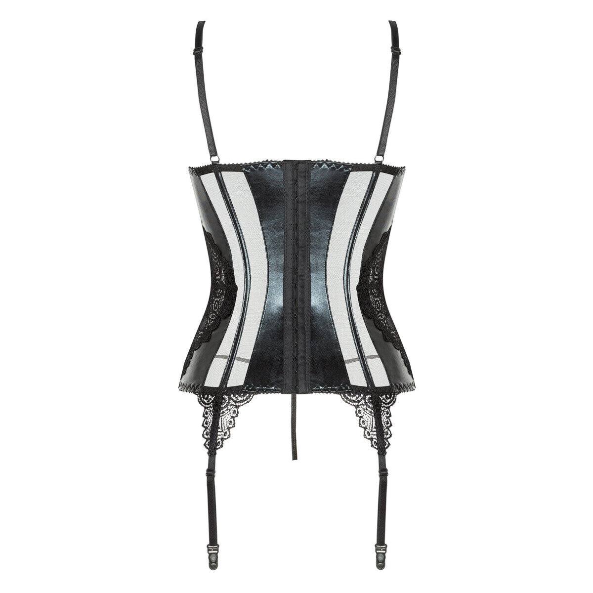Zwart Wetlook Korset met string en jarretel design